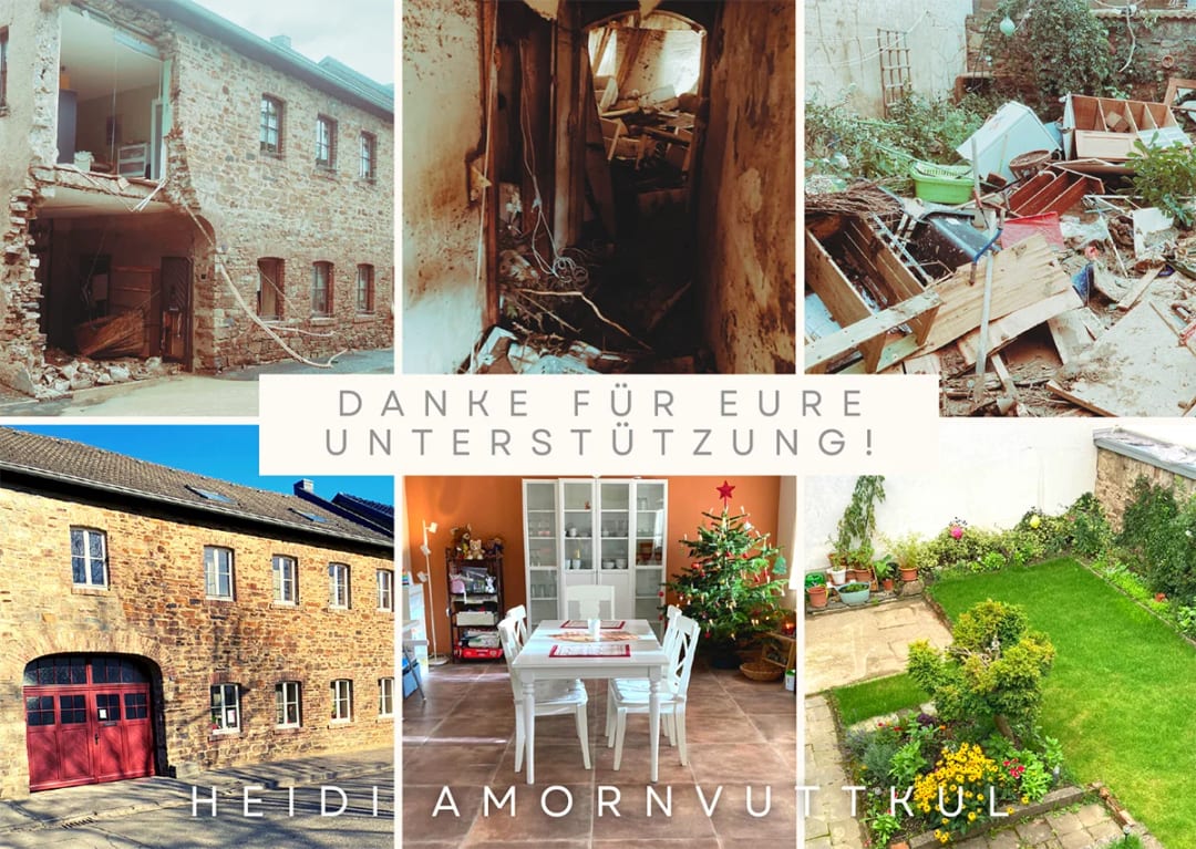 Bildcollage einer Kundin mit dem Dank „Danke für eure Unterstützung“: oben das durch Hochwasser zerstörte Haus, unten dasselbe Haus mit fertig saniertem Wohnraum und Garten