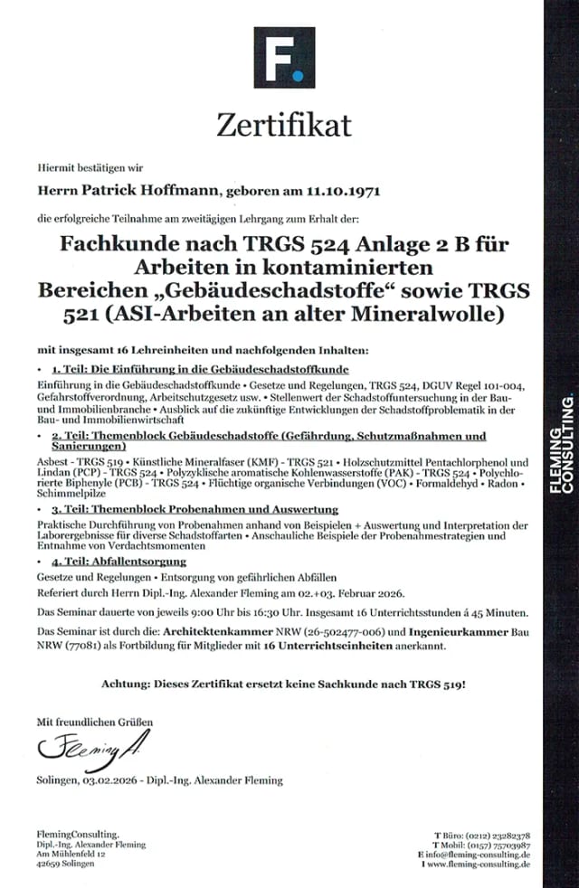Zertifikat über die Teilnahme am zweitägigen Lehrgang zur Fachkunde nach TRGS 524 Anlage 2 B und TRGS 521, ausgestellt am 03.02.2026