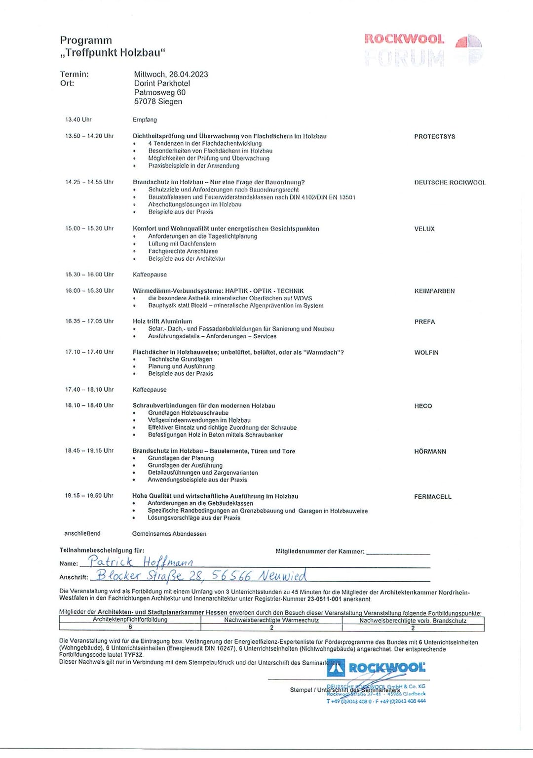 Teilnahmebescheinigung für die Veranstaltung „Treffpunkt Holzbau“ des Rockwool Forums am 26.04.2023 in Siegen