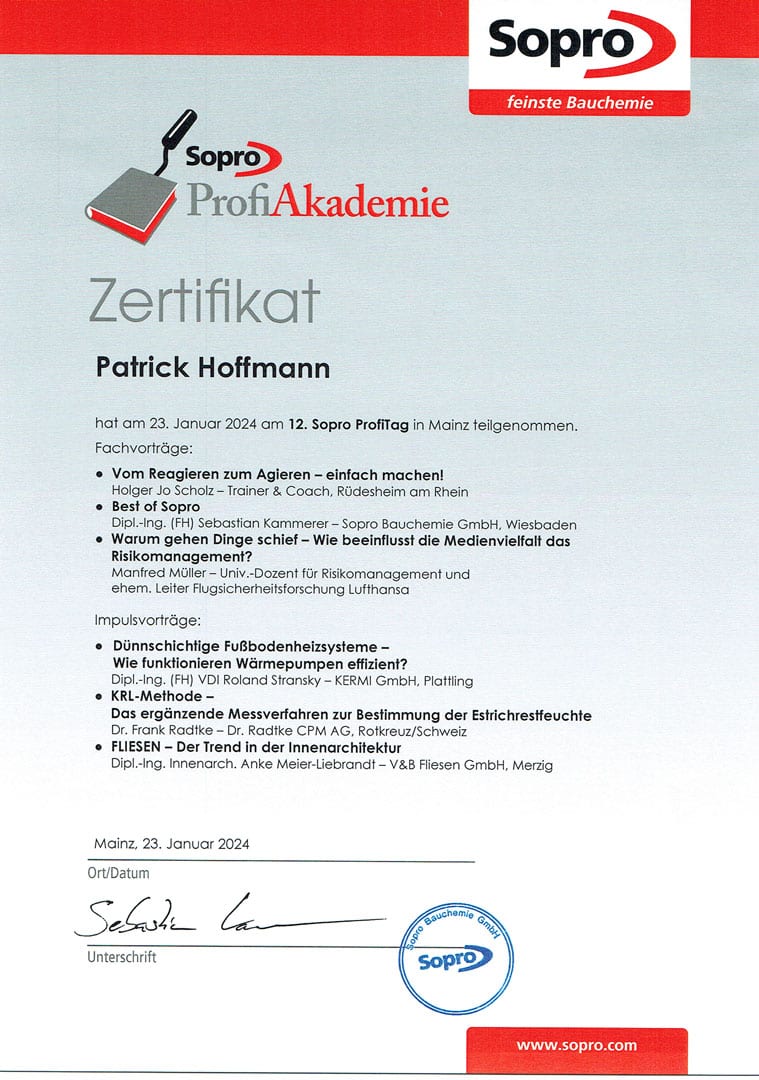 Zertifikat über die Teilnahme am 12. Sopro ProfiTag in Mainz am 23. Januar 2024