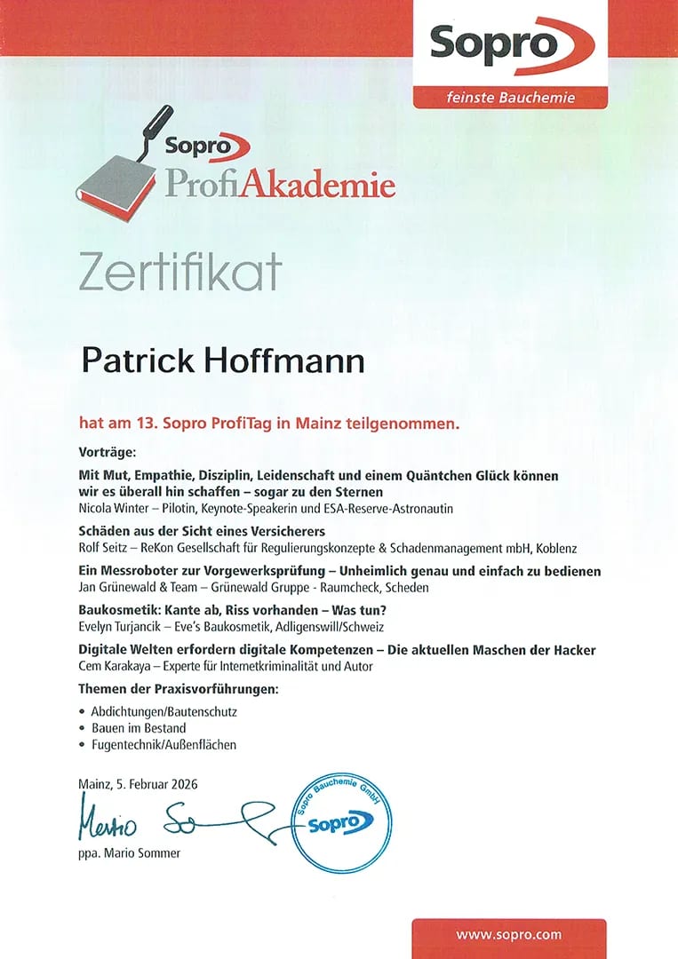 Zertifikat über die Teilnahme am 13. Sopro ProfiTag in Mainz am 5. Februar 2026